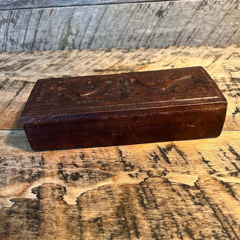 Brown Leather Hinged Storage Box Embossed Floral Geometric Design